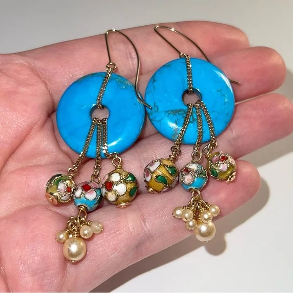 AUTH VTG 2006 Christian Dior Gold Hook Drop Dangle Blue Gemstone Boho Earrings - Picture 6 of 11